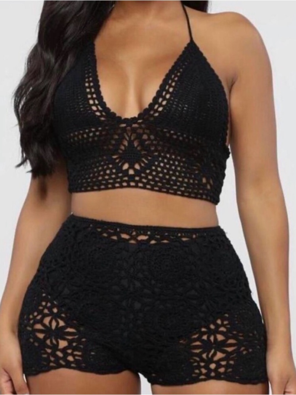 Fashion Nova Swim Black Desi Crochet Coverup Halter & Short Set Size 3X New